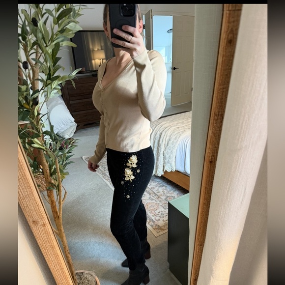 RARE Vintage 60s Black Velvet Ankle Pants with Gold Floral beaded Design